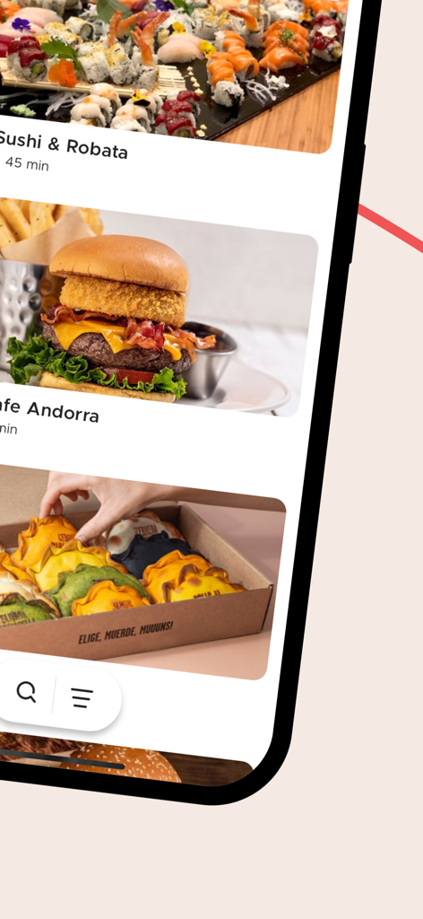 CityXerpa-App-Bildschirm mit verschiedenen Restaurants für die Essenslieferung, darunter Sushi und Burger