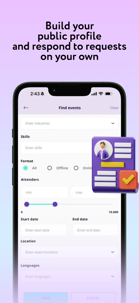SpeakUp – Find & Book Speakers - Interface of the SpeakUp app showing search filters for finding speaking events by industry skills and format