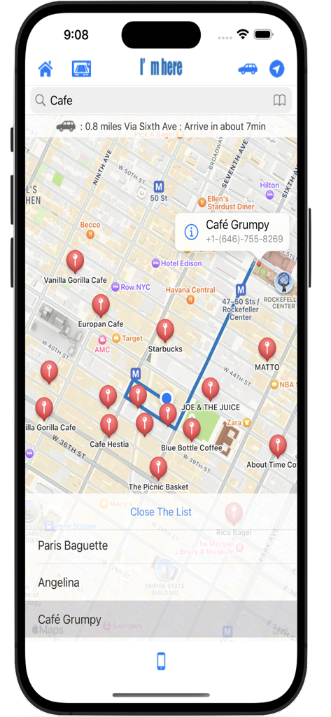 La aplicación Im here muestra un mapa de Nueva York con resultados de búsqueda de cafeterías locales