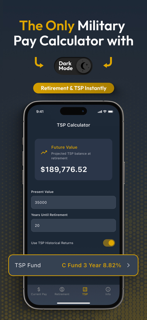 US Military Pay Calculator - 미군 급여 계산기 앱 인터페이스, TSP 저축 예측 및 다크 모드 기능 표시