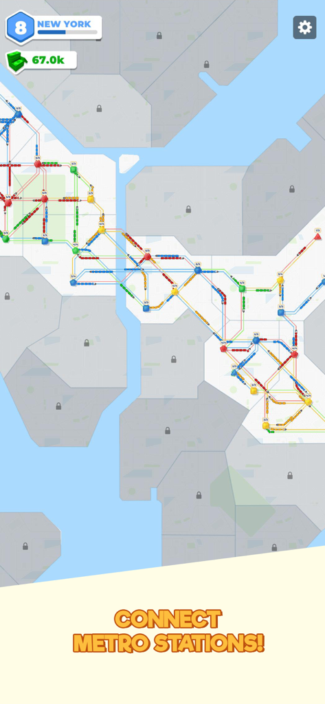Metro Connect: Train Simulator - Gameplay of Metro Connect Train Simulator showing colorful subway lines connecting stations in New York City