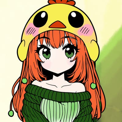 anime girl with chick shaped hat with sweater with bare shoulders with bangs covering them one eye with low tail