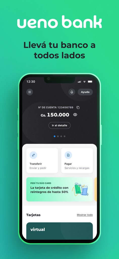 ueno - Panel de la aplicación móvil del banco ueno mostrando el saldo de la cuenta y servicios financieros en español