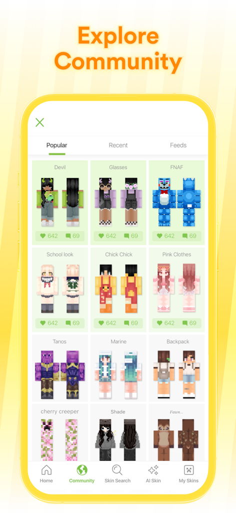 Gallery of popular Minecraft skins created by the Skinseed community.