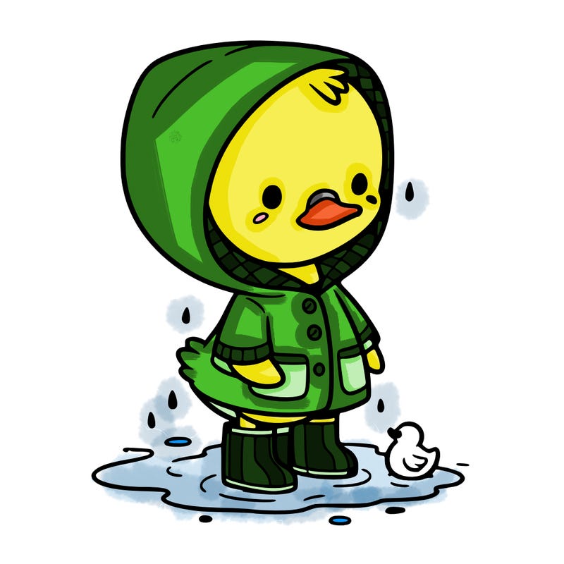 baby duck in a rain coat and boots, in a puddle while it’s raining