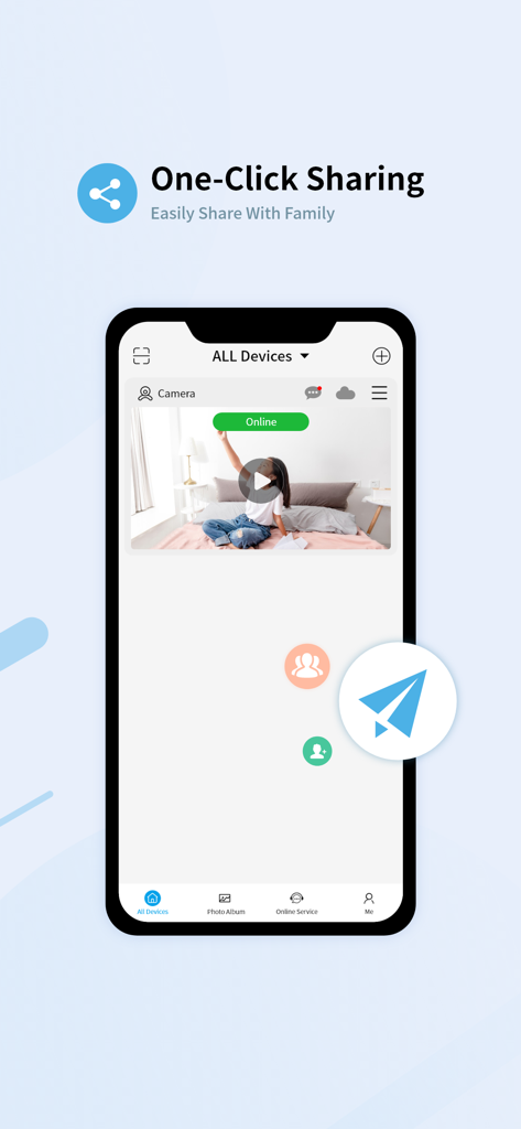 Tris Home - Tris Home app interface showing one click sharing of security camera feeds with family