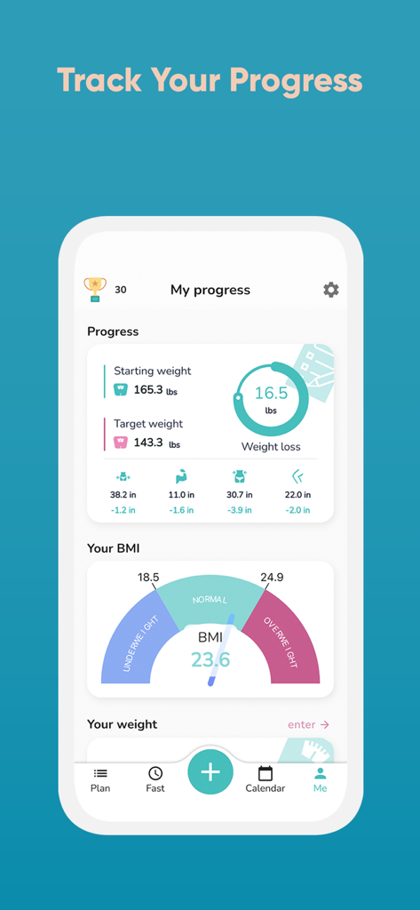 IF: Intermittent Fasting 16:8 - Progress dashboard in the Intermittent Fasting app showing weight loss statistics, body measurements, and a BMI gauge.