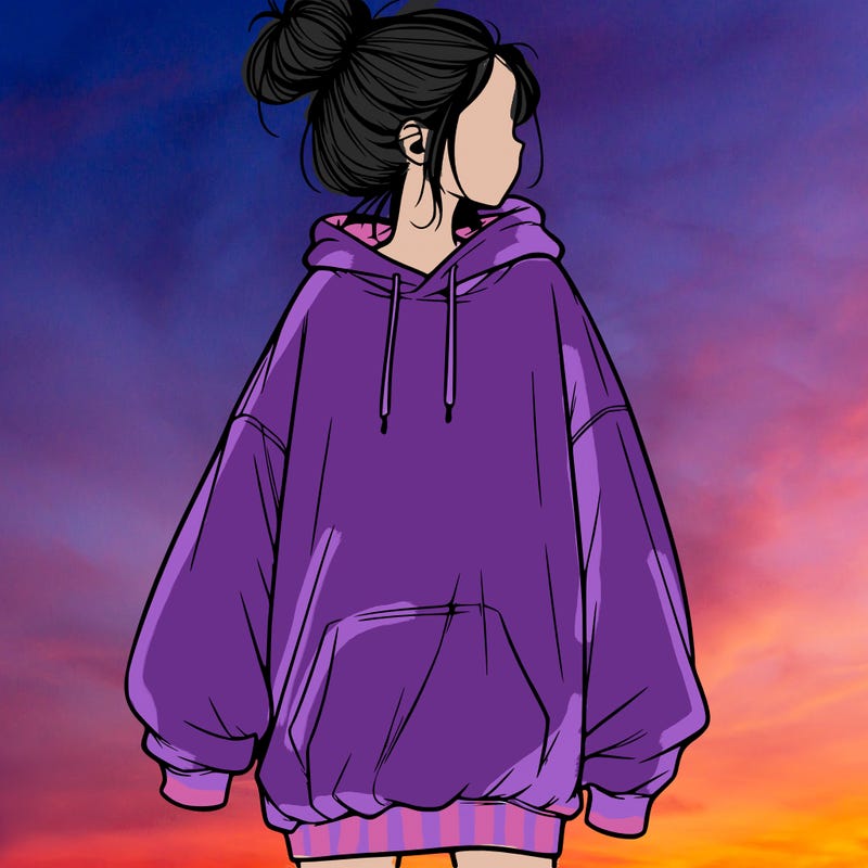 realistic girl with a oversized sweatshirt on and a bun