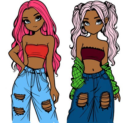2 girls in crop tops and baggy jeans ripped