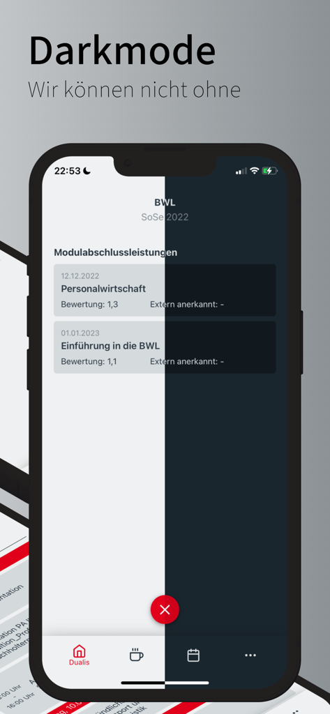 Una pantalla dividida que muestra la DHBW CampusApp en modo claro y oscuro