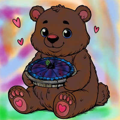 cute realistic bear holding a pie