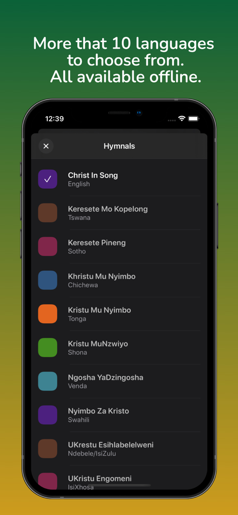 Christ In Song Multi-Language - A list of available hymnals in different languages such as English Shona and Swahili in the Christ In Song app