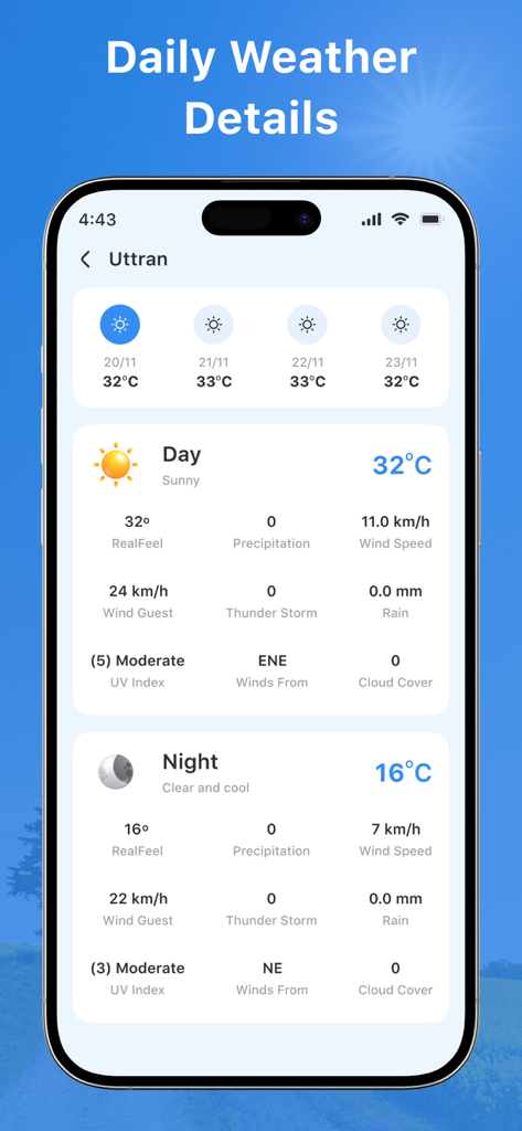 온도 및 풍속 정보가 포함된 낮과 밤 예측을 포함한 일일 날씨 세부 정보를 표시하는 모바일 앱 스크린샷