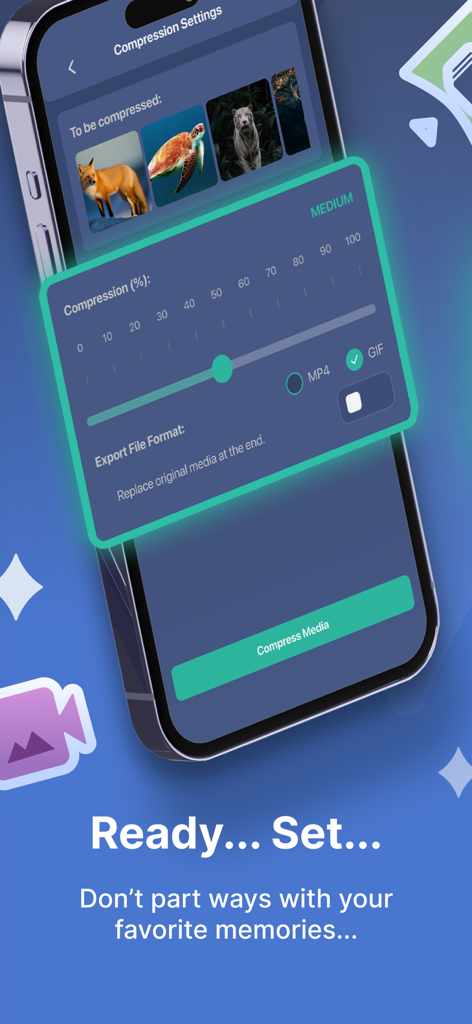 Super Smart Cleaner - Super Smart Cleaner app interface showing media compression settings to save phone storage