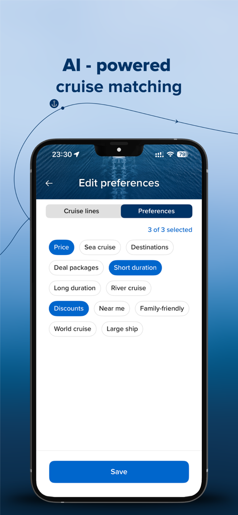 価格と割引のフィルター付きで、AI搭載のクルーズマッチング設定が表示されているChooseCruiseアプリのインターフェイス。