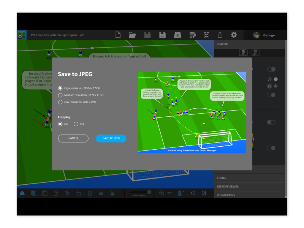 Tactics Manager app screen showing JPEG export options for a soccer drill diagram