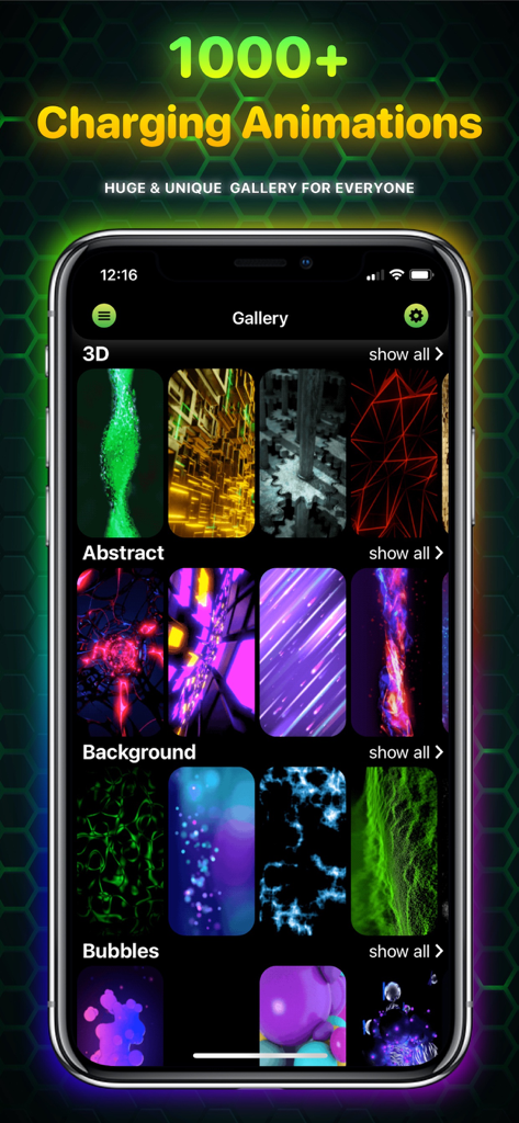 Ampere: Charging Animation App - Galería de la aplicación Ampere mostrando una variedad de animaciones de carga categorizadas por estilo