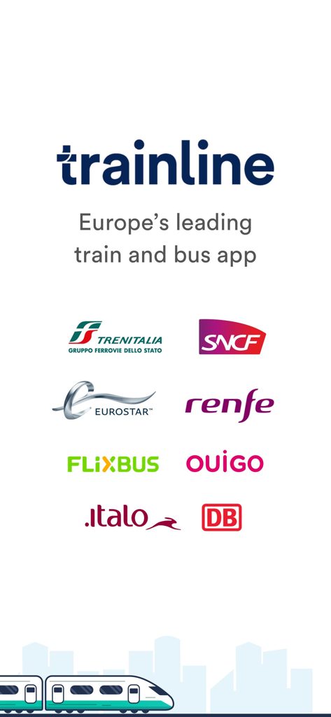 Trainline Business EU - Splash screen of the Trainline Business EU app showing the slogan Europes leading train and bus app alongside logos of transport providers like SNCF Eurostar and Renfe