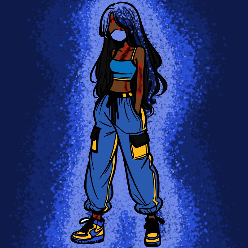 girl in baggy pants crop top and long hair