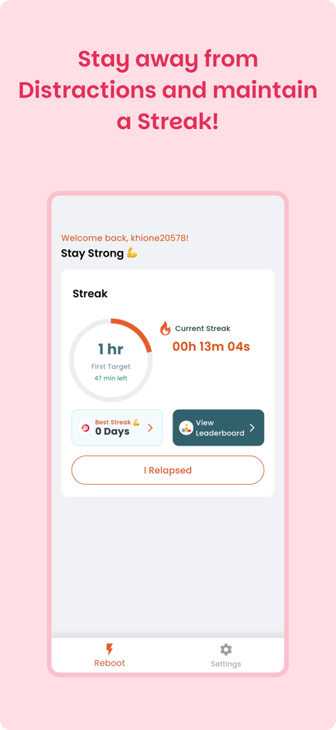 Quit Adult Content / Quit P - A mobile app interface displaying a streak tracker for quitting adult content with a timer and goal.