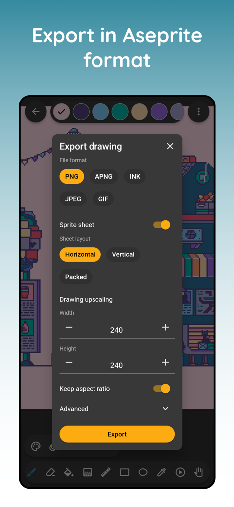 Pixel art maker - Inktica - Export dialog in Inktica app featuring format selection, sprite sheet settings, and resolution upscaling.