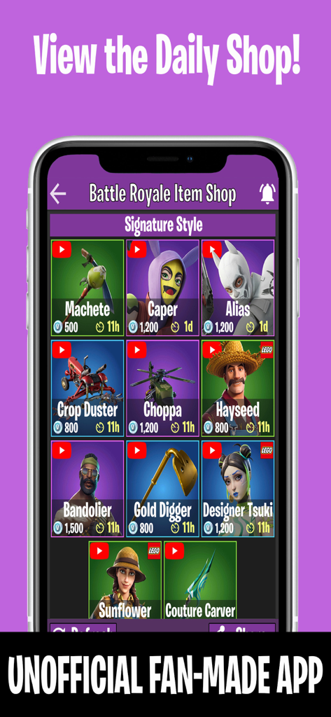 Companion for Fortnite - Mobile screen displaying the daily Fortnite Item Shop with skins and V-Bucks prices.