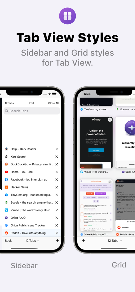 A comparison of Sidebar and Grid tab view styles in the Orion Browser mobile app interface.