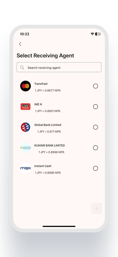 Interface of JME Remittance app showing a list of receiving agents like TransFast and Global Bank with their current exchange rates
