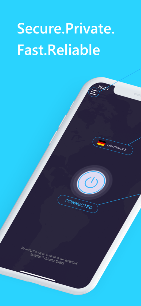 VPN for iPhone - Unlimited VPN - 아이폰용 VPN 앱이 개인 서버에 연결된 상태를 보여주는 스마트폰 화면
