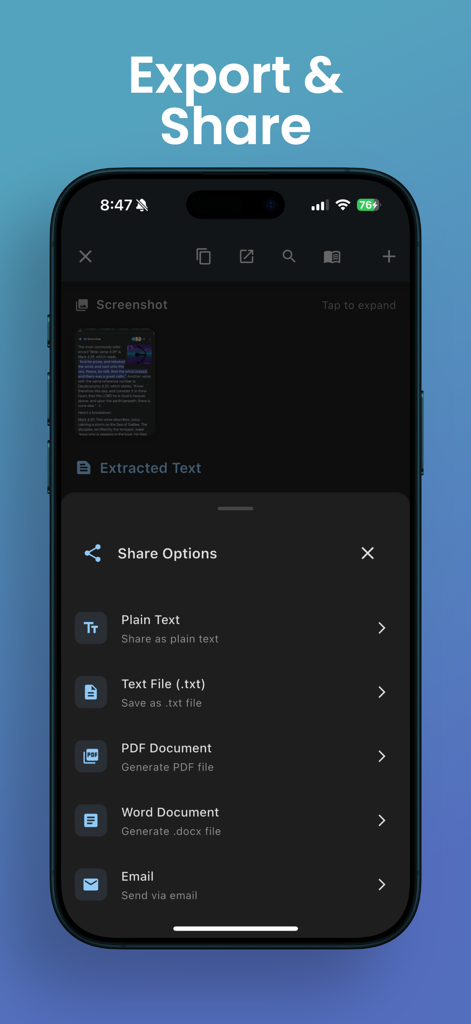 OCR Image AI - Photo to Text - OCRacle app interface displaying export and share options for extracted text like PDF and Word