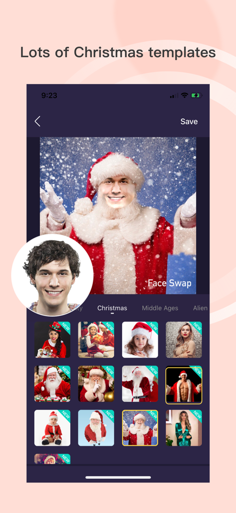 A mobile app interface displaying AI face swap results on a Santa Claus template with various Christmas themed options.