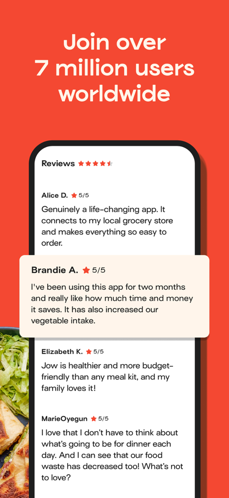 Jow - easy recipes & groceries - Mobile screen showing 5 star user reviews for the Jow meal planning and grocery app with positive feedback on time and money savings.
