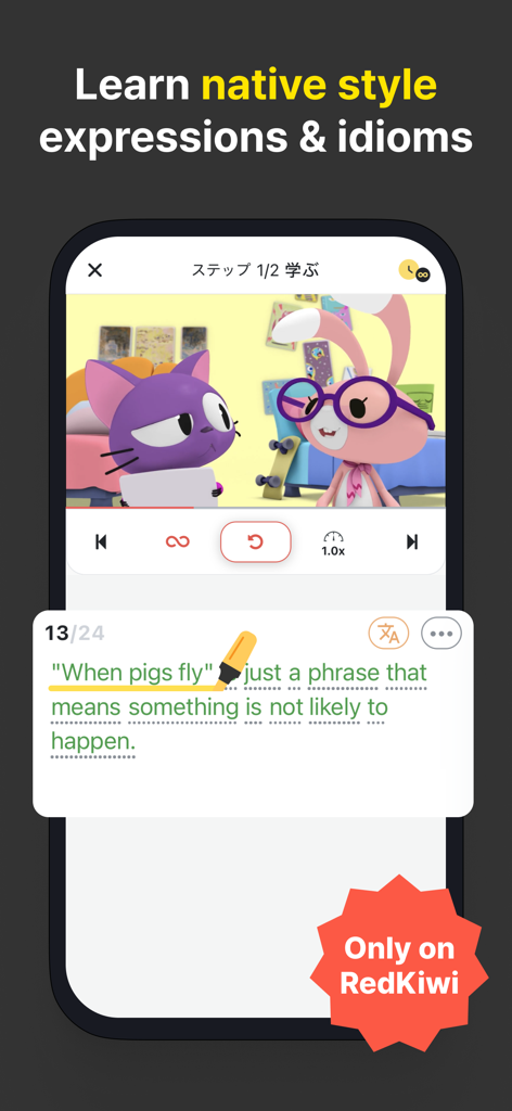 Interface de l'application mobile RedKiwi expliquant l'idiome 'when pigs fly' (quand les cochons voleront) avec une animation vidéo.