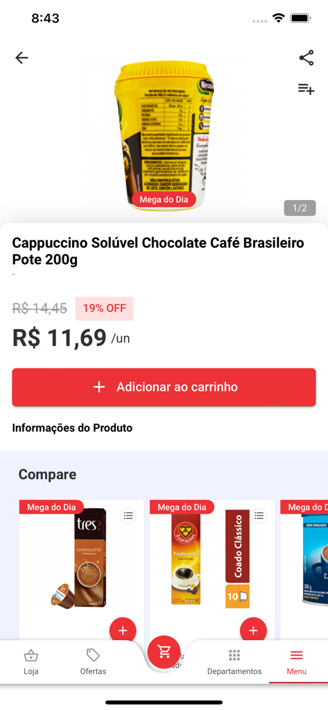 Mega em casa - Mobile app product page for chocolate cappuccino featuring a 19 percent discount and a red add to cart button