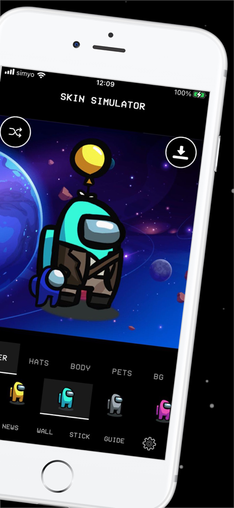 Skin Creator for Among Us! - A mobile app interface showing a custom Among Us character with a balloon hat and pet in the skin simulator