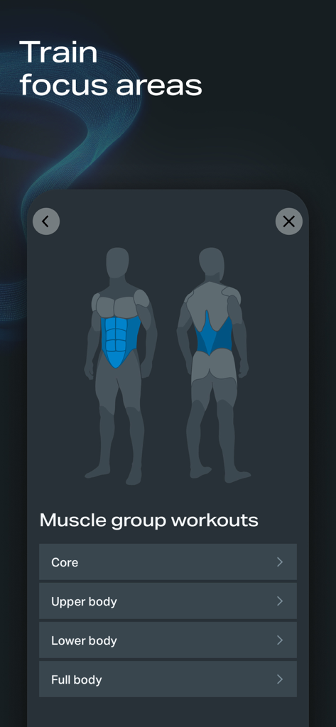 Freeletics app screen showing muscle group workout options with a highlighted body diagram