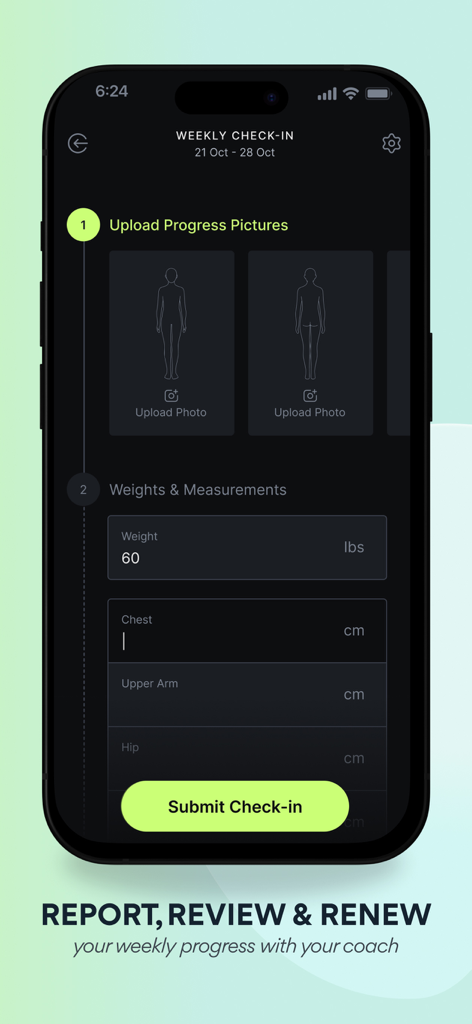Avida: 1-on-1 Fitness Coach - Tela de check-in semanal do aplicativo Avida para rastrear medições de peso e fazer upload de fotos de progresso.
