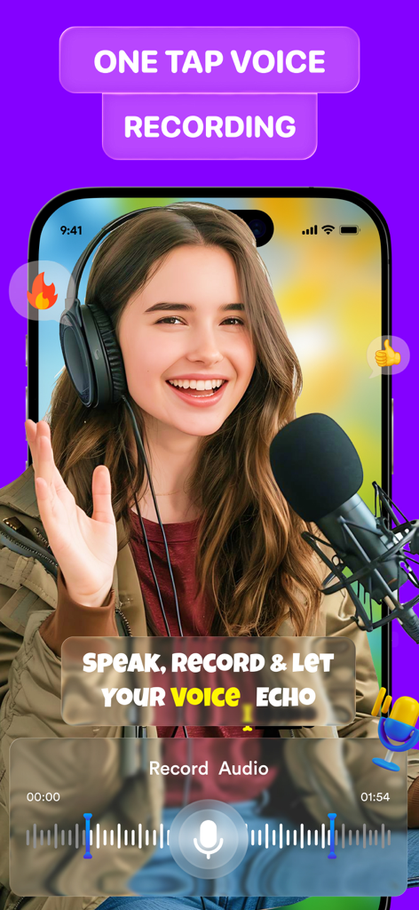 Una mujer usando un micrófono con la función de grabación de voz de un solo toque en la aplicación VCAP AI