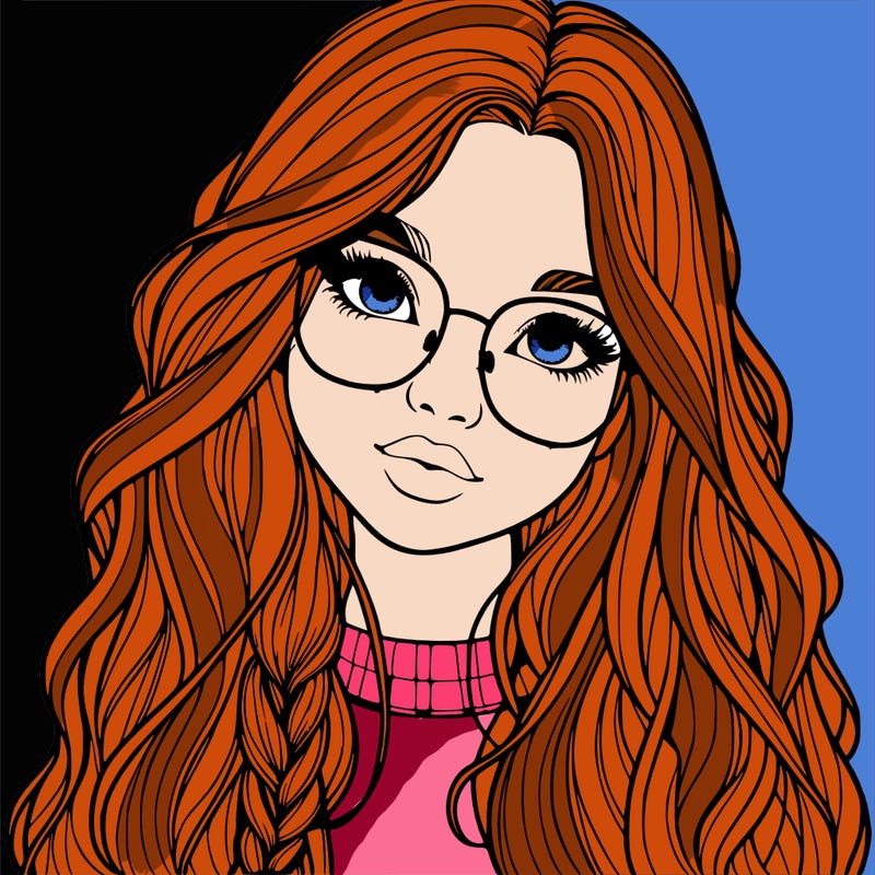 girl with long hair and freckles and glasses realistic