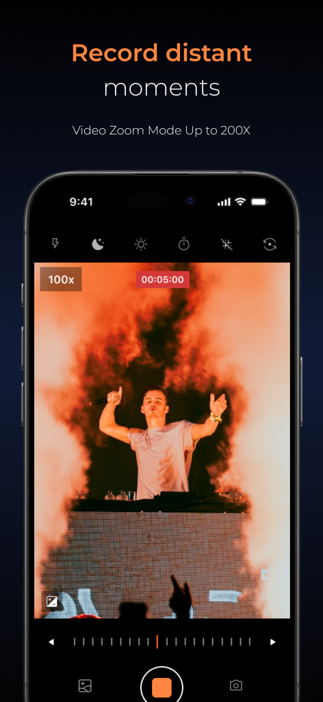 Smartphone screen showing UltraCam app recording a performer on stage with one hundred times zoom