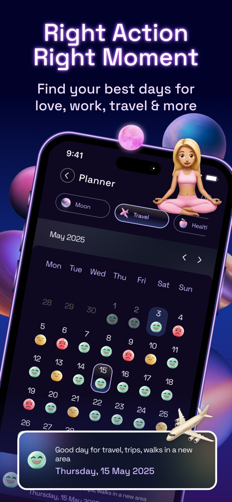 Astro Map: Soulmate drawing - A mobile app interface displaying a monthly astrology calendar with emoji-coded days for planning travel, love, and work based on celestial events.