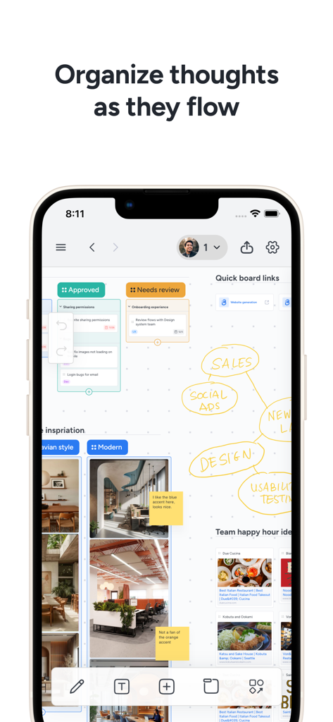 Instaboard: Whiteboard & Plan - Instaboard app interface on an iPhone showing a visual whiteboard with tasks mind maps and design inspiration