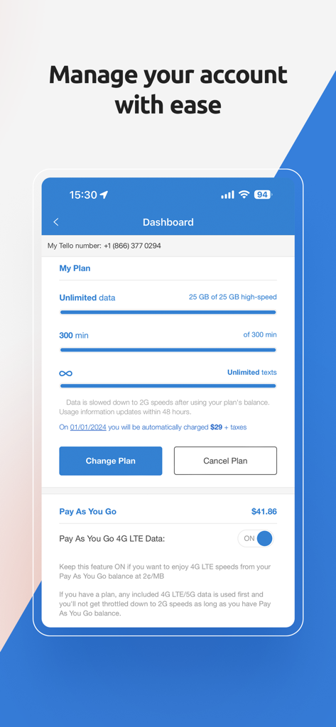 Panel de control de la aplicación My Tello que muestra los detalles del plan móvil y el consumo