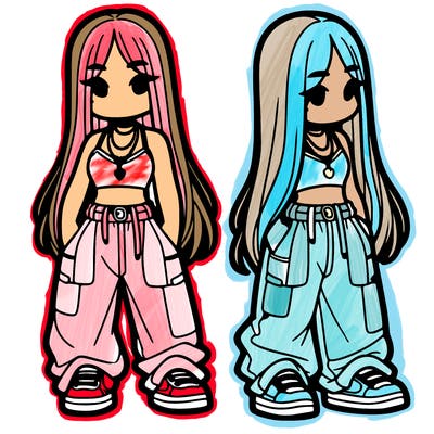 girl in baggy pants crop top and long hair