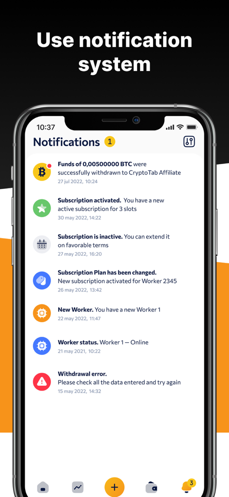 Interfaccia di notifica dell'app mobile CT Farm che mostra aggiornamenti sullo stato dei prelievi Bitcoin e dei worker.