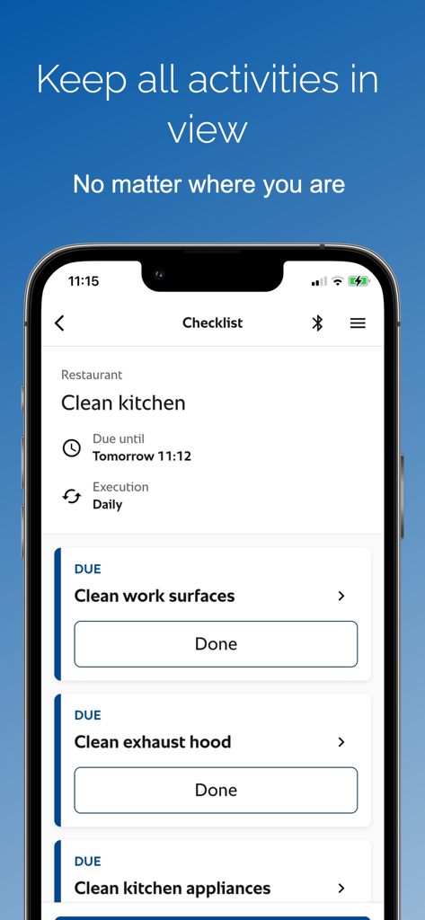 Hygiene Management Pro - A smartphone showing a digital kitchen cleaning checklist in the Hygiene Management Pro app