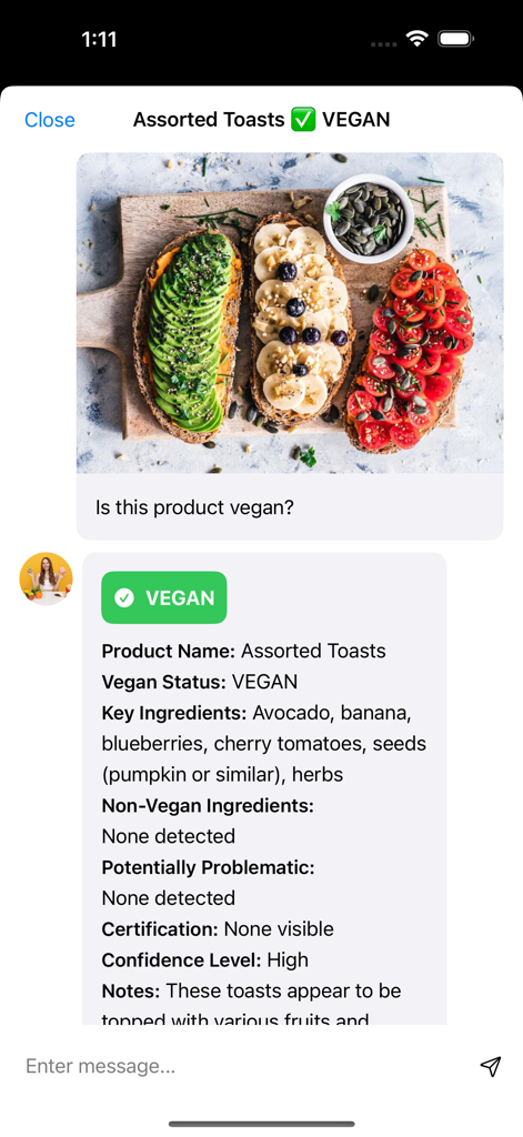 Vegan Check - A mobile app screenshot showing an AI analysis identifying assorted toasts as vegan with a detailed ingredient list