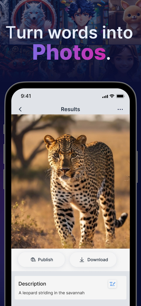 Mobile app interface of Gencraft AI showing a generated photo of a leopard in the savannah from a text prompt
