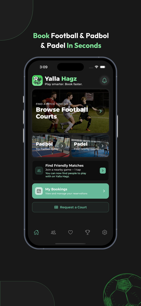 Yalla Hagz - يلا حجز - Yalla Hagz mobile app home screen showing options to book football padbol and padel courts