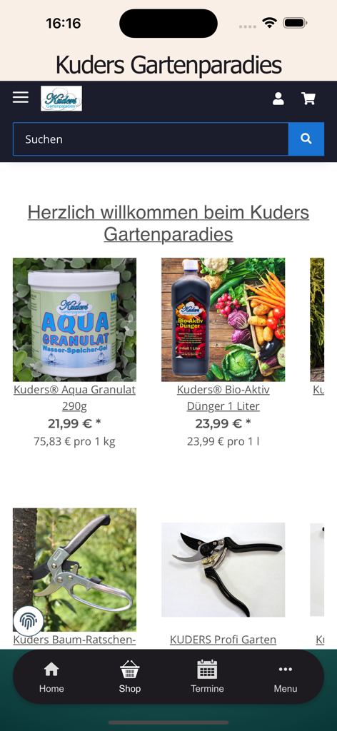 Mobile Store-Ansicht der Kuders Gartenparadies App, die Gartenzubehör und Werkzeuge zeigt